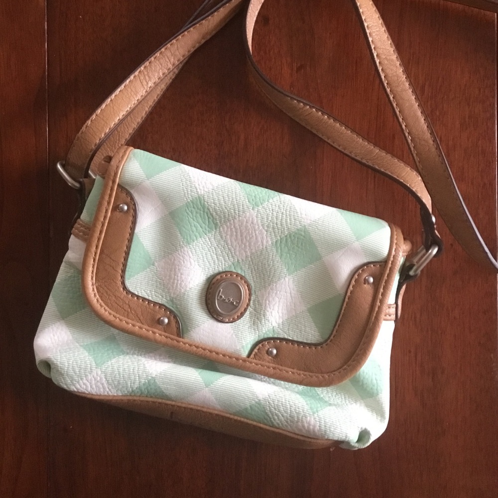 boc Mint Green and White Check Crossbody with Tan Trim